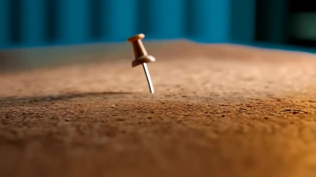 A single brown push pin hovers slightly above a grainy textured corkboard against light blue background in golden light.