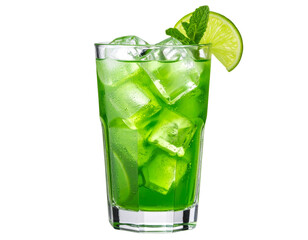 Refreshing Green Lime Cocktail in Tall Glass with Ice Cubes, Transparent Background PNG