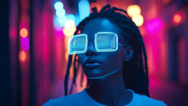 portrait futuristic theme, black African woman deadlock hairstyle wearing neon light glasses against city street colorful bright light 