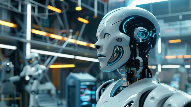 A slow motion video captures a collaborative moment between a human engineer and an AI robot assistant in a modern factory, showcasing teamwork and advanced industrial technology.
