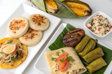 Plate of food with a variety of dishes including corn, beans, and tortillas
