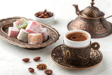 Fototapeta premium Cup of coffee sits on a table next to a tray of candy and a teapot