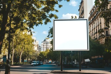 Fototapeta premium Blank Billboard on City Street Mockup with Trees and Urban Scenery: Prime Outdoor Advertising Space