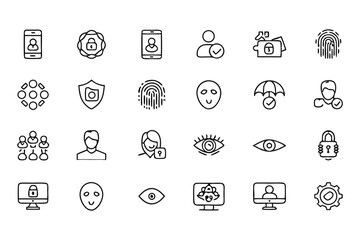 Set of privacy and data protection icons. vector line symbols for cybersecurity, user identification, secure access, and online privacy.