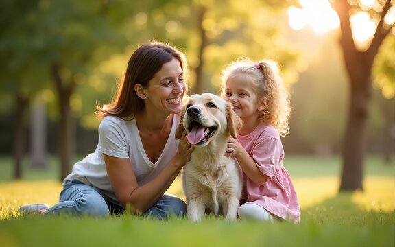 Park, mother and girl with dog, smile and sunshine with weekend break, happiness and nature. Family, single parent and mama with daughter, animal and pet with fun, playing and countryside with summer