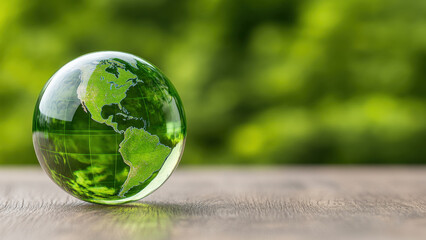 A clear glass globe with a green world design, symbolizing eco-friendliness and sustainability against a blurred natural background.