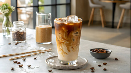 Iced latte with creamy milk swirl in a clear glass, soft condensation, and neutral background. Captured in natural light for a clean, minimalist look with a trendy modern café aesthetic.