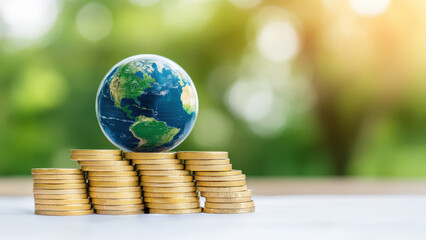 A globe placed on stacks of coins symbolizes global investment and financial growth in an eco-conscious environment.