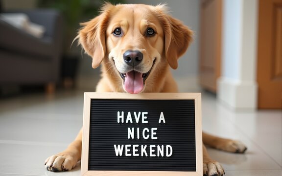 Funny portrait of cute dog with letter board inscription have a nice weekend word lying on floor. High quality