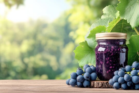 A jar of grape jam surrounded by fresh grapes and green leaves, showcasing homemade preserves on a wooden table.