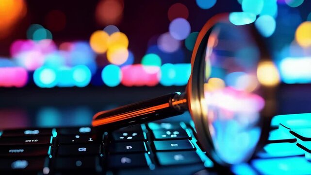 Magnifying glass hovering over a computer keyboard with abstract cityscape background for data analysis and research. - Powered by Adobe