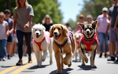 A whimsical outdoor pet parade with dogs wearing creative costumes, owners proudly walking alongside them, and spectators lining the streets, all under a clear, sunny sky. High quality