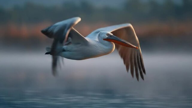 Pelican in flight with misty dawn.