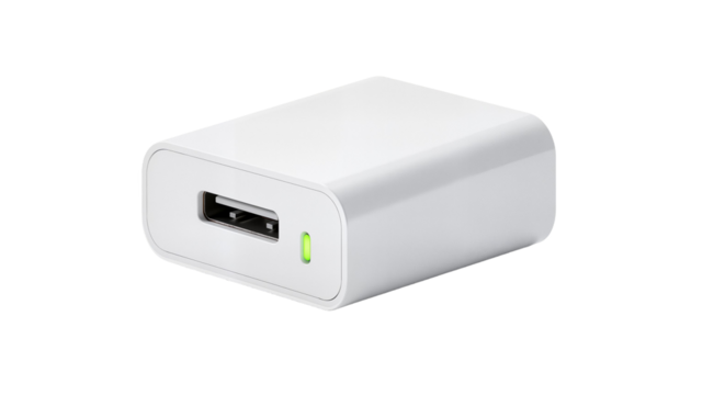 Charger block isolated on white with green indicator light  