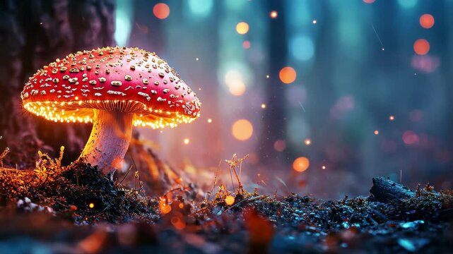 Enchanting mushroom landscape glowing in a mystical forest at twilight, Mushroom fantasy landscape on forest floor panning to right, sparkling lights
