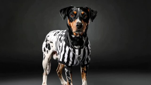 Dog stands on grey backdrop wearing a referee outfit and chain with whistle, looking at viewer with neutral expression.