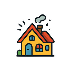 A cheerful cartoon illustration of a cozy yellow house with a red roof, emitting smoke from its chimney.