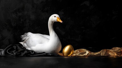Fototapeta premium A serene white goose beside a golden egg, set against a dark backdrop, creating a striking and elegant composition.