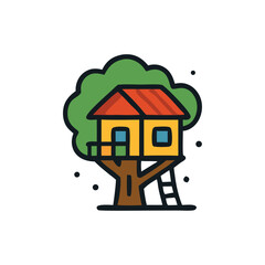 Colorful cartoon illustration of a treehouse nestled in a large tree.