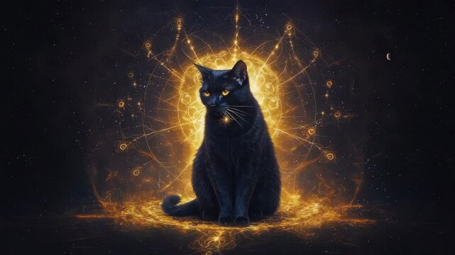 International cat day concept. A mystical black cat with glowing yellow eyes sits surrounded by golden, magical energy patterns against a dark cosmic background.selective focus