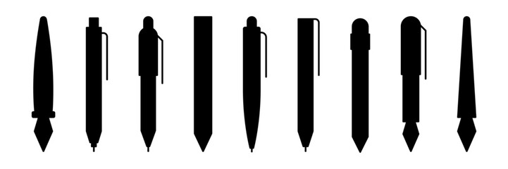 Pen and pencil line icon set. Marker and crayon drawing symbol. Sketching tools vector illustration isolated. Drawing pen, edit, notepad, writing ink mark icons. Writing pencil icons.