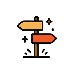 A simple, stylized illustration of a wooden directional signpost with two choices, suggesting options and decisions.