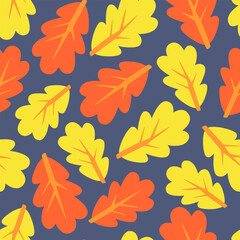Autumn leaves background in vibrant orange, red, and yellow shades on dark blue. Ideal for fall-themed designs, fabric prints, greeting cards, and digital art.