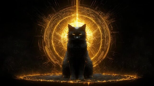 International cat day concept. A majestic black cat sits at the center of glowing golden mystical energy, surrounded by intricate light patterns.selective focus
