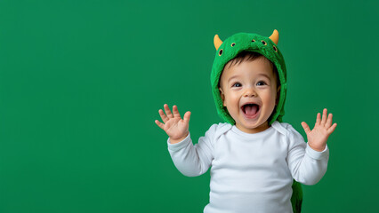 Joyful baby wearing a green dinosaur hat, celebrating with a big smile against a bright green background.