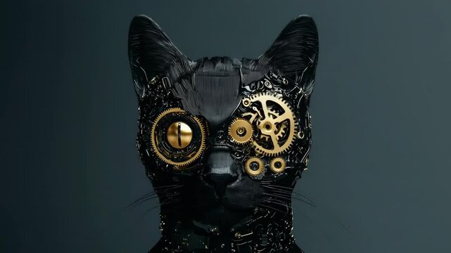 International cat day concept. A black cat with golden mechanical gears integrated into its face, resembling a steampunk cyborg.selective focus