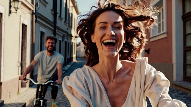 Man rides bike behind smiling woman on sunny street. Couple enjoying ride through city together. Woman leads joyful way with summer energy. Bike travel brings smile, joy and happy moments