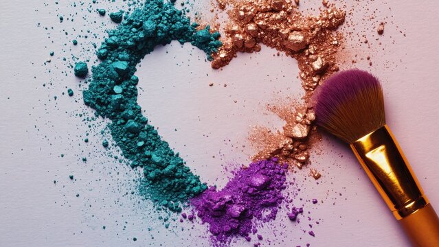 Crushed teal purple gold makeup powders forming heart shape with brush on white background