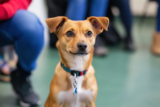 Feist Dog Sitting in Front of People