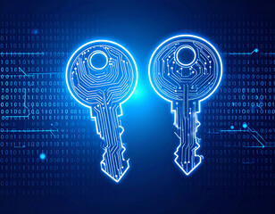 Digital keys, glowing circuit board design, binary code background.
