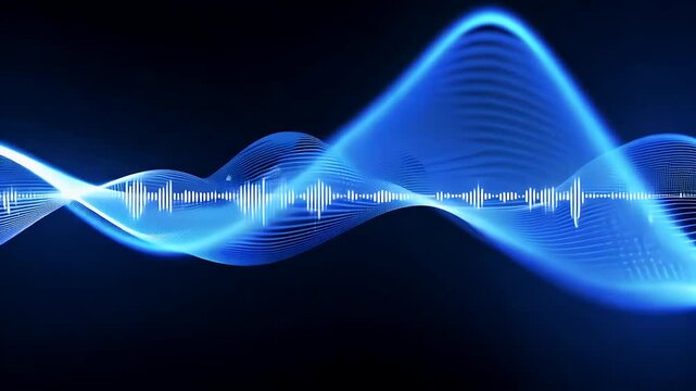 A modern abstract visual representation pulsating blue sound waves gracefully moving black background embodying concepts audio music voice recording