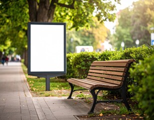 Park Bench and Blank Billboard on a Sunny Day Ready for Advertising