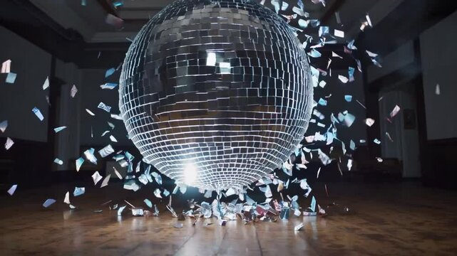 Disco ball explosion with mirror fragments and dramatic lighting wooden floor, dynamic party atmosphere, reflective sphere