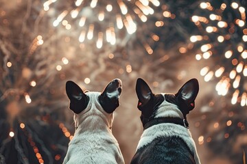 A pair of Boston Terriers watching fireworks on New Yeara??s Eve.