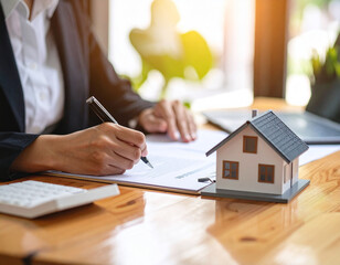 Fototapeta premium Real estate agent signing documents, house model nearby, paperwork, contract.