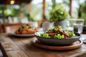 Fresh grilled chicken salad on a sunny wooden outdoor table setting