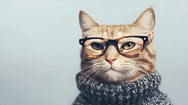 International cat day concept. A cute orange tabby cat wears glasses and a knitted sweater, eyes closed and looking content against a plain background.selective focus