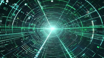 Seamless 3D animation digital network tunnel featuring endless streams data matrix points moving green futuristic technology ed environment - Powered by Adobe