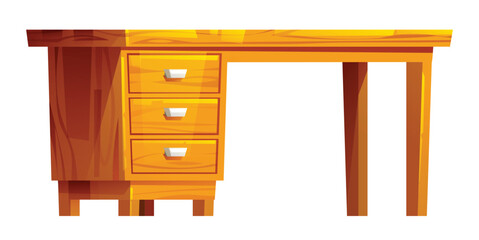 Wooden desk with three drawers and an open space, ideal for a home office or study. Vector cartoon illustration
