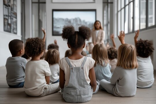 Diverse group of children in classroom attentively listening to teacher