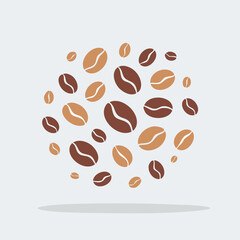Obraz premium Flat Vector Top View of Multiple Roasted Coffee Beans Scattered Randomly – Clean Outline Style Perfect for Packaging, Cafes, Coffee Shop Branding, and Seamless Pattern Design