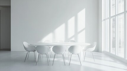 Minimalistic white dining room interior, featuring clean lines, simple design, and natural lighting.