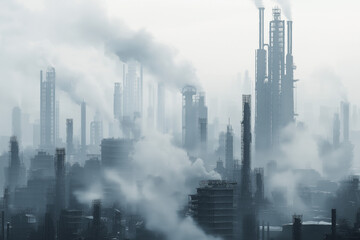 Fototapeta premium Smog Filled Industrial Cityscape with Grey Buildings and Towers