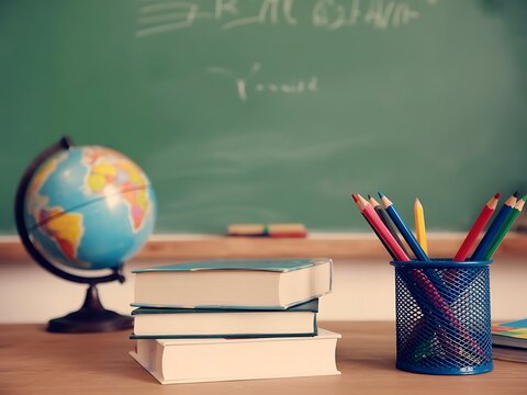 Classroom Essentials: Books, Globe, and Colored Pencils on a Wooden Desk