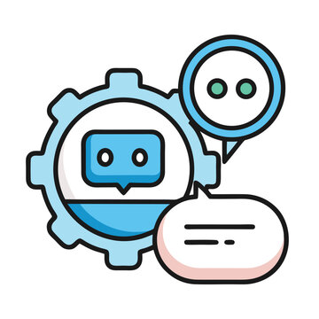 A blue robot with a speech bubble communicates with another robot.