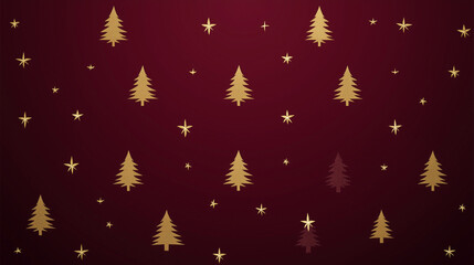 Gold Foil Minimal Christmas Tree Icon Repeated on Deep Burgundy Vector Background